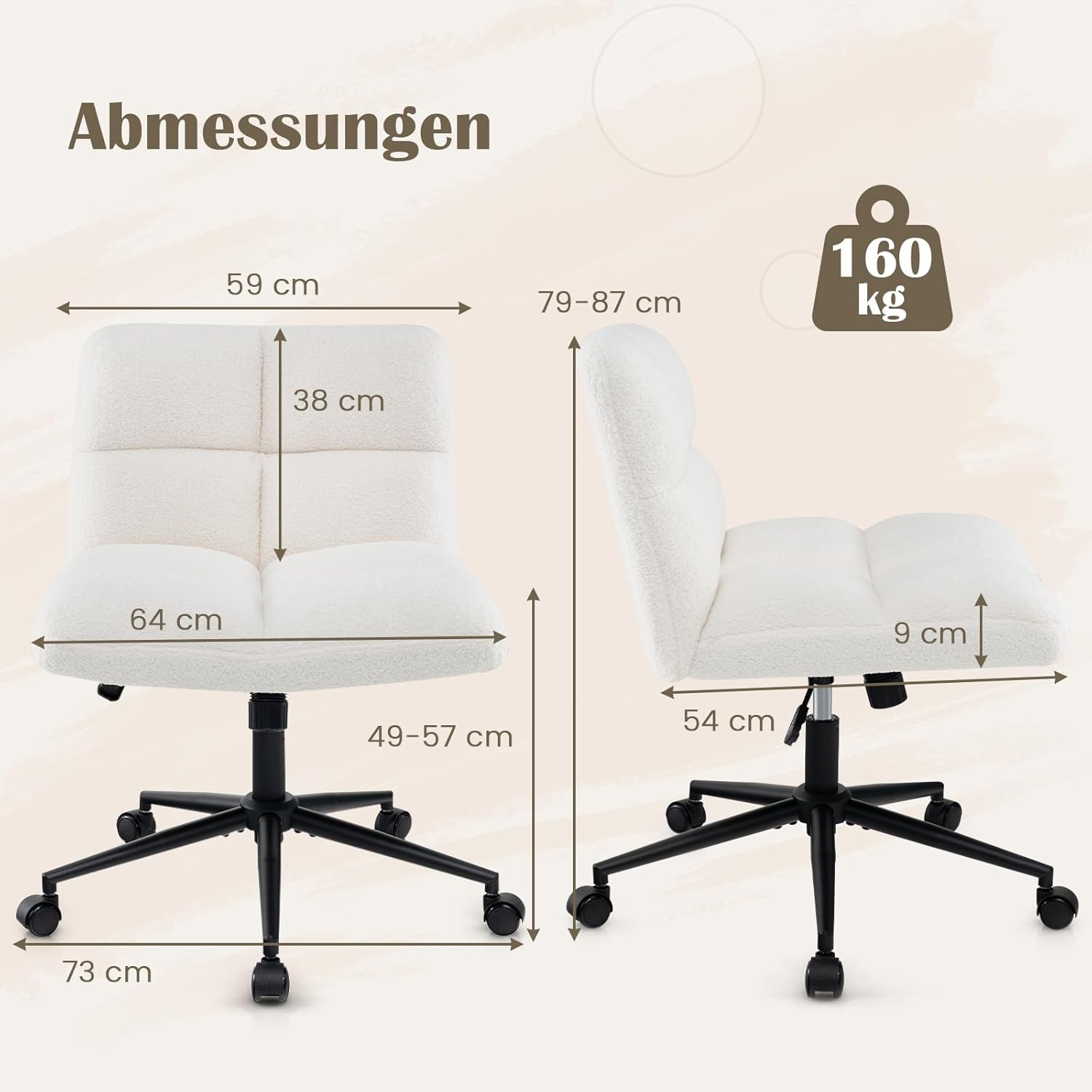 COSTWAY Schneidersitz Stuhl mit Rollen, Drehstuhl ohne Armlehnen, Schreibtischstuhl mit breiter Sitzfläche, Bürostuhl, Schminkstuhl, höhenverstellbar, Wippfunktion, modern (Beige)