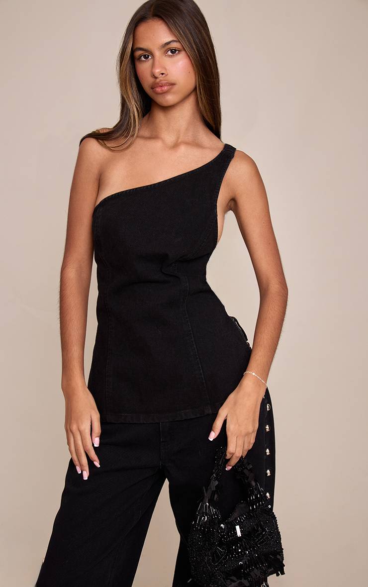 Noir Haut En Denim Petite Asymétrique Dos Ouvert