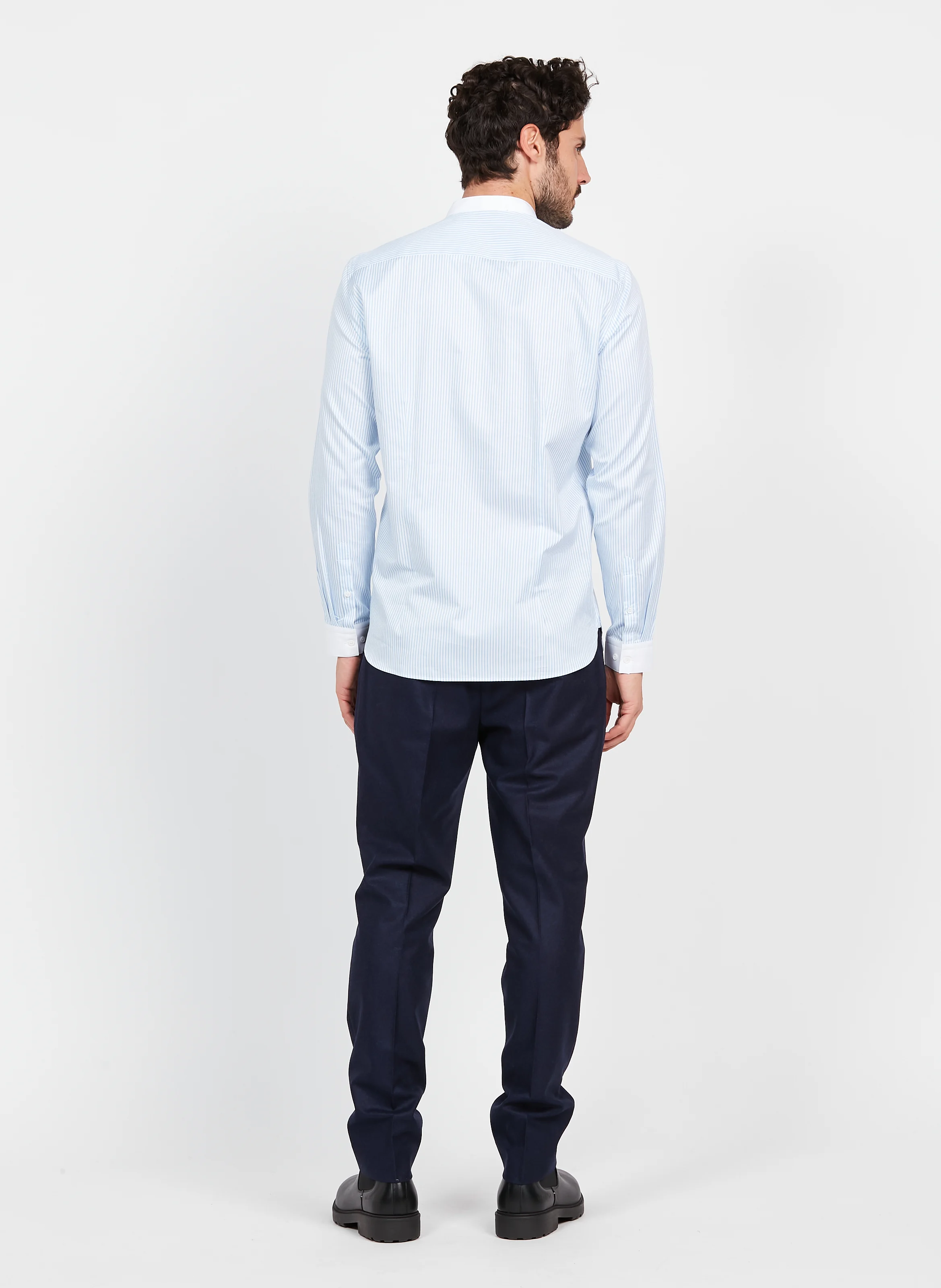 Chemise col Mao slim-fit rayée en coton| Bleu