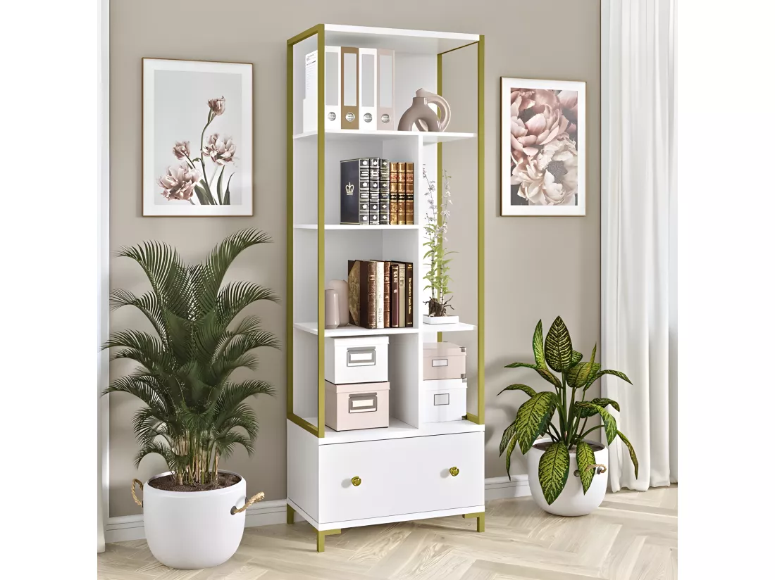 Bibliothèque collection DOUGLAS avec nombreux rangements et finitions dorées, 70 x 200 x 42 cm