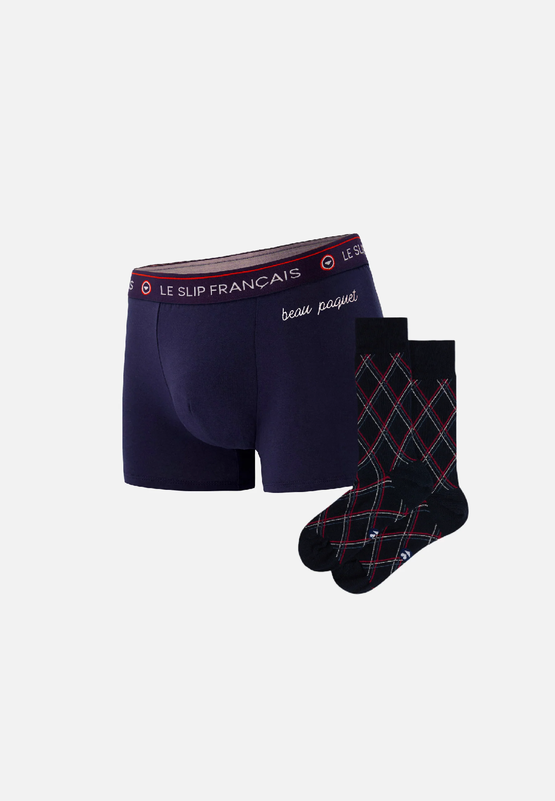 Coffret composé d'un boxer et une paire de chaussette-Coffret Redoutable Marine Brodé Lucas Tartan Marine