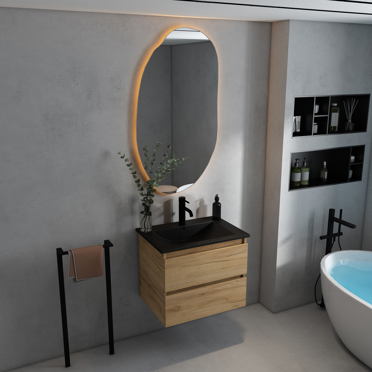 Fontana Rovigo badmeubel 60cm met zwarte wastafel en kraangat warm eiken