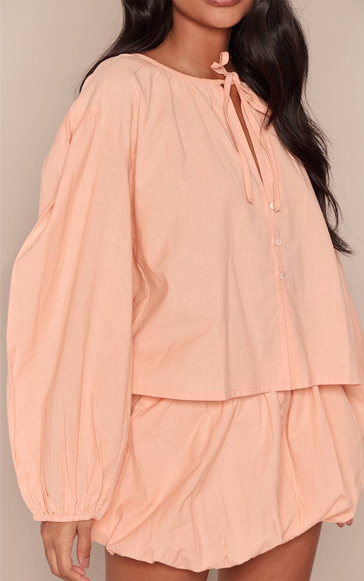 Taupe Ensemble Coordonné Blouse Pêche En Coton À Manches Longues