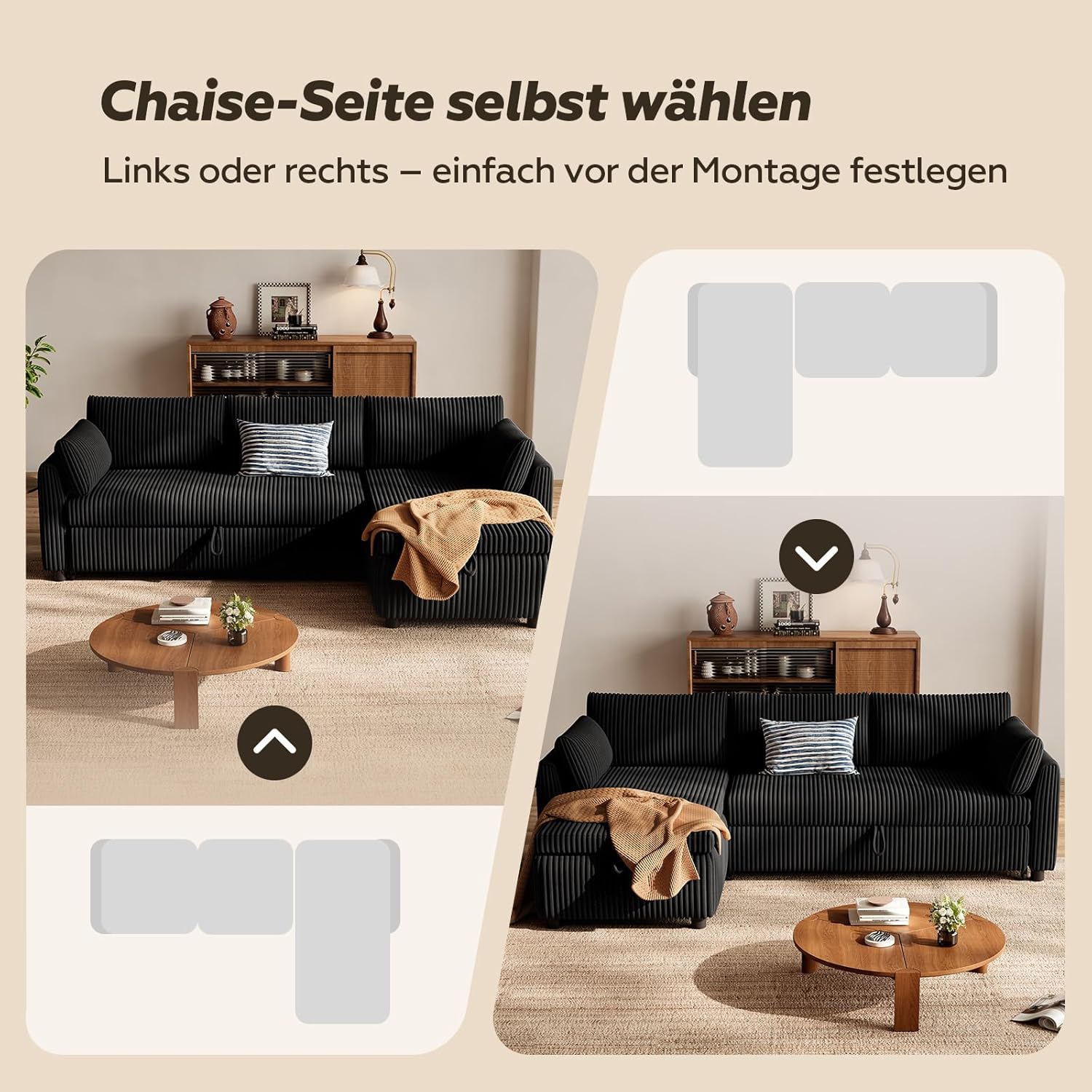 Ecksofa mit Schlaffunktion, Cord-Bezug Schlafcouch in L-Form, Schlafsofa Ausziehbar, Ausziehbares Sofa mit Stauraum, Umkehrbare Chaiselongue (Links & rechts), Schwarz