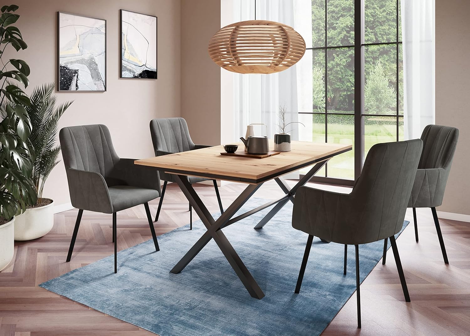 Hela Tische, Karina Esstisch Ausziehtisch, Holzwerkstoff melaminbeschichtet, Artisan Eiche, X-Gestell Anthrazit, 160-200x90cm