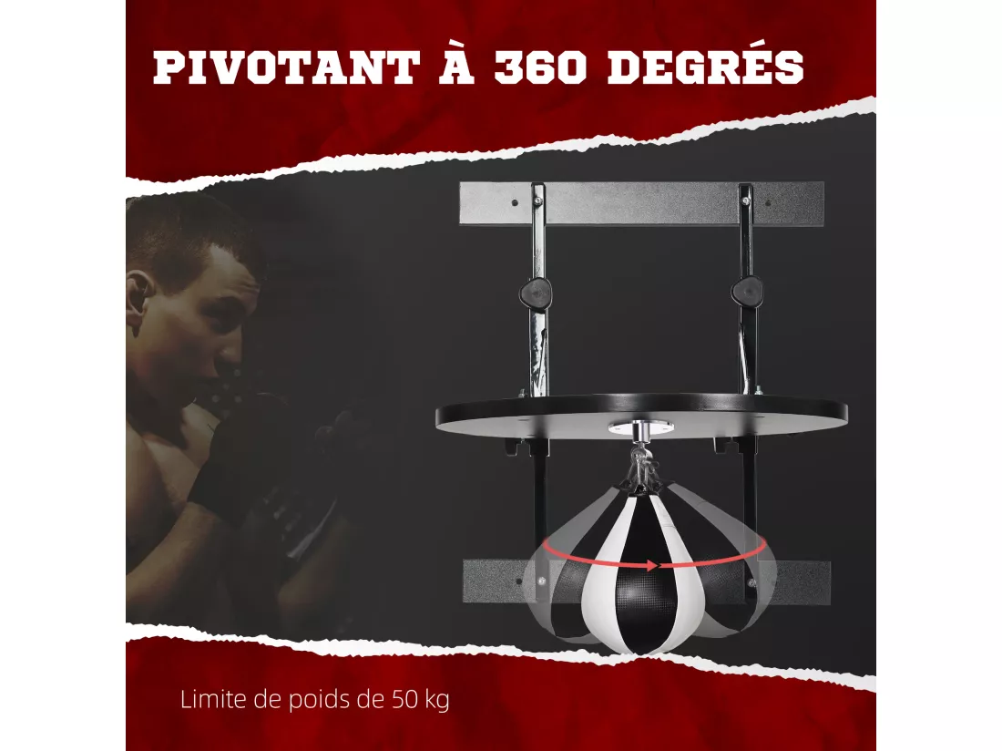 Poire de vitesse boxe pivotante 360° - crochet, pompe inclus - acier PU noir blanc