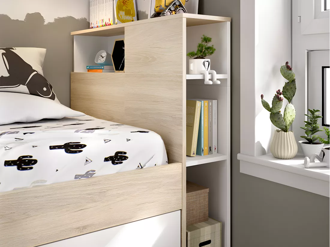 Lit avec tête de lit rangements et tiroir - 90 x 190 cm - Blanc et Naturel + Sommier - LEANDRE