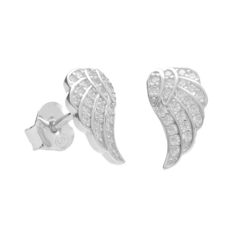 Boucles d'Oreilles Argent 925/000 Rhodié - Motif Aile d'Ange Pavée de Zirconiums