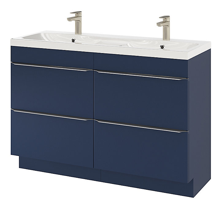 Ensemble salle de bains l.120 cm meuble à poser Imandra bleu nuit mat + plan double vasque résine blanc