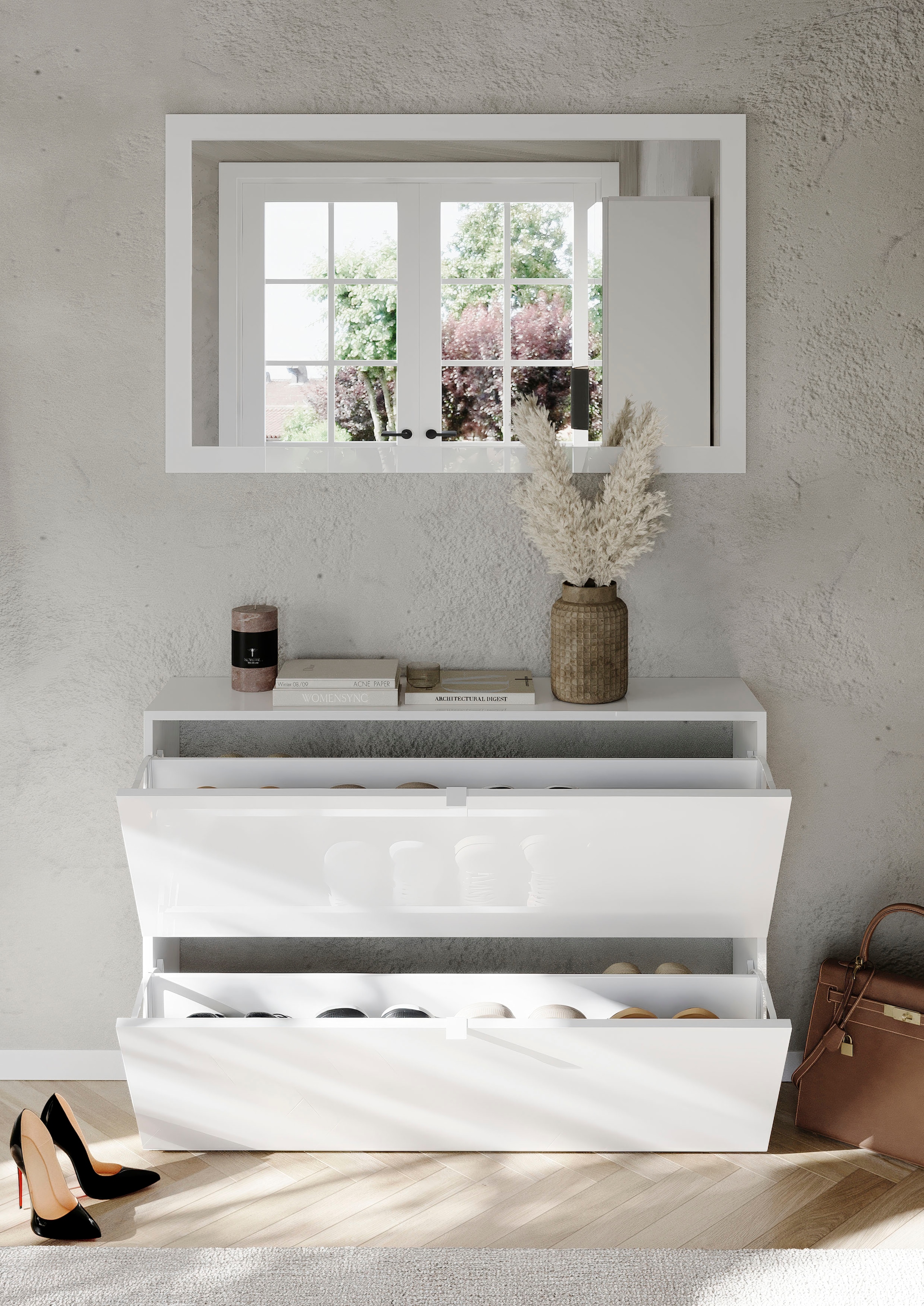 INOSIGN Schuhschrank »SMILE Breite 104 cm, 2 Klappen, komplett Weiss Hochglanz lackiert,« Schuhkipper hängend o. stehend montierbar, 4 Fächer, Metallgriffe
