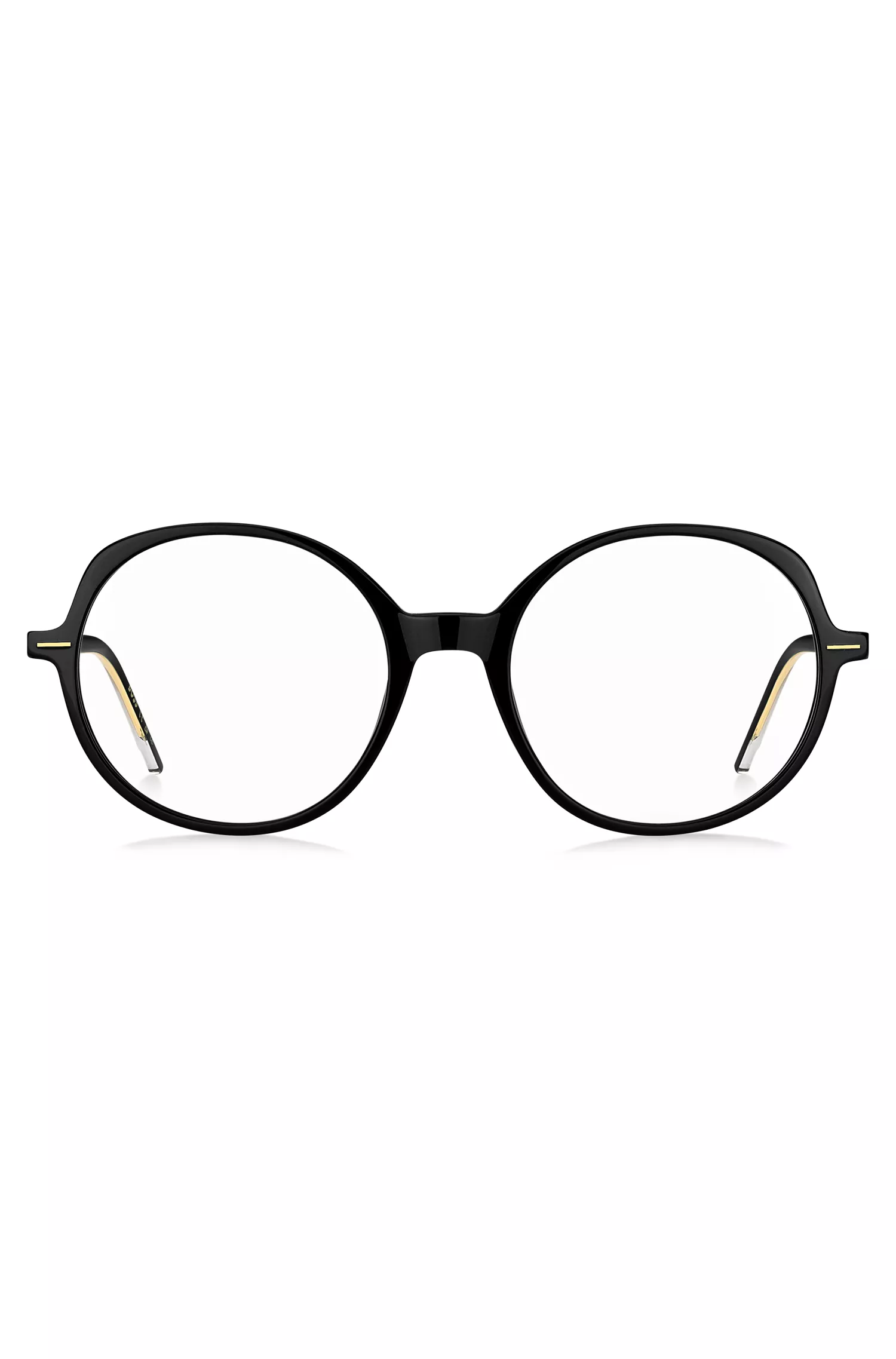 Armação BOSS Black-Optical em acetato preto com detalhes dourados.