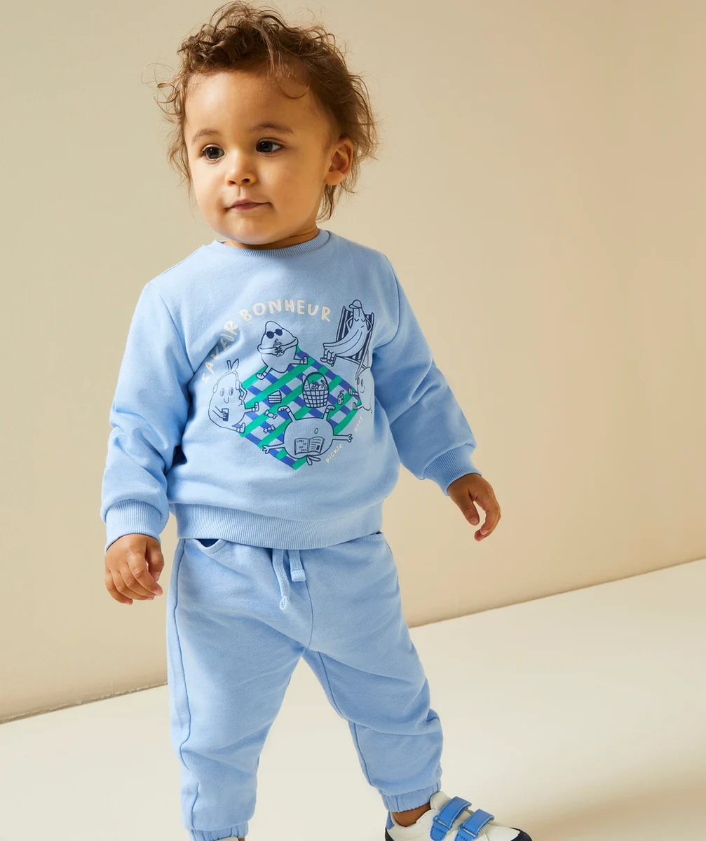 SWEAT MANCHES LONGUES BÉBÉ GARÇON 100% COTON BLEU THÈME PIQUE-NIQUE