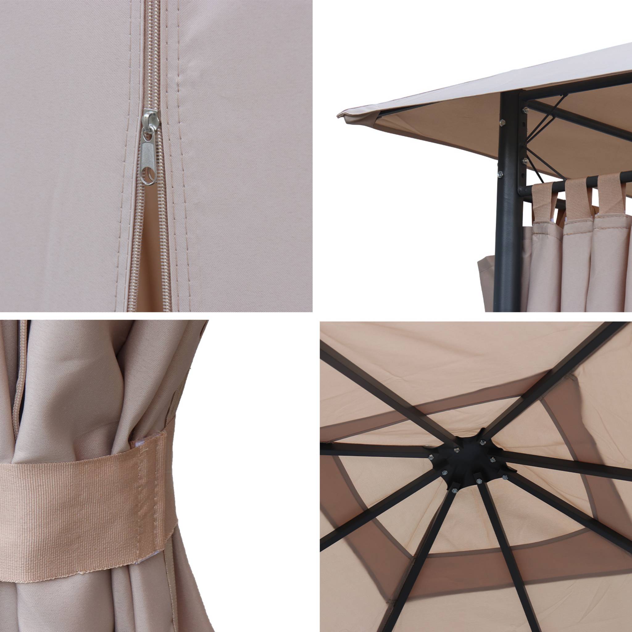 Ensemble complet toile de toit et rideaux beige pour tonnelle 3x3 m elusa - toile de rechange pergola. Toile de remplacement