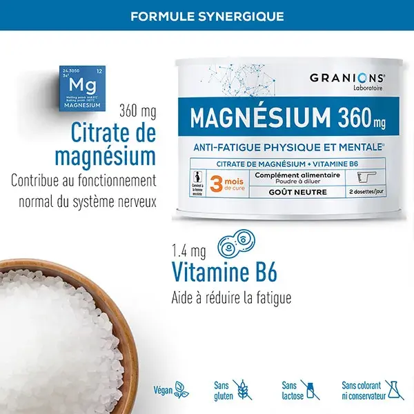 GRANIONS - Citrato de Magnésio + Vitamina B6 - Sabor Neutro - Suprimento para 3 Meses - 210g