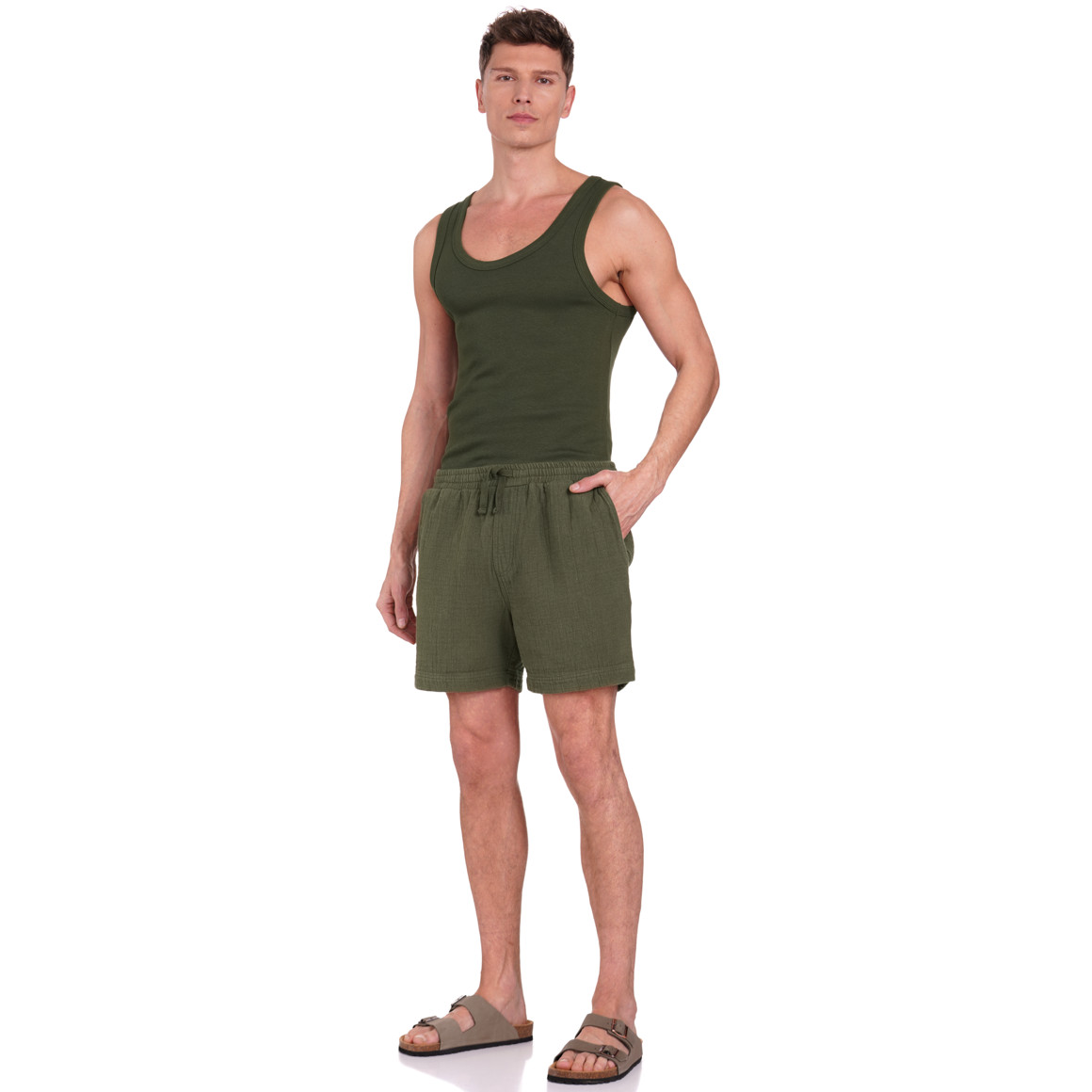 Jonas Nielsen Herren Musselin-Shorts mit Elastikbund oliv