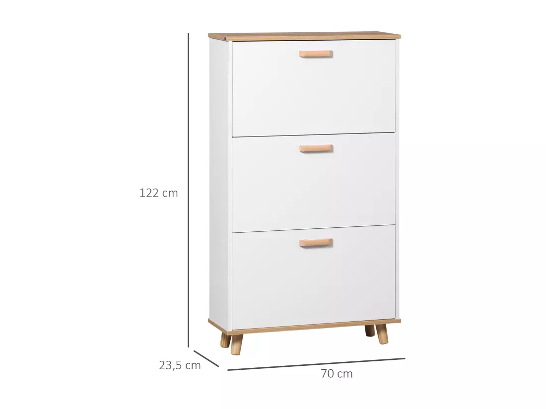 Meuble à chaussures design scandinave 3 portes abattantes 3 étagères réglables bois pin panneaux blanc