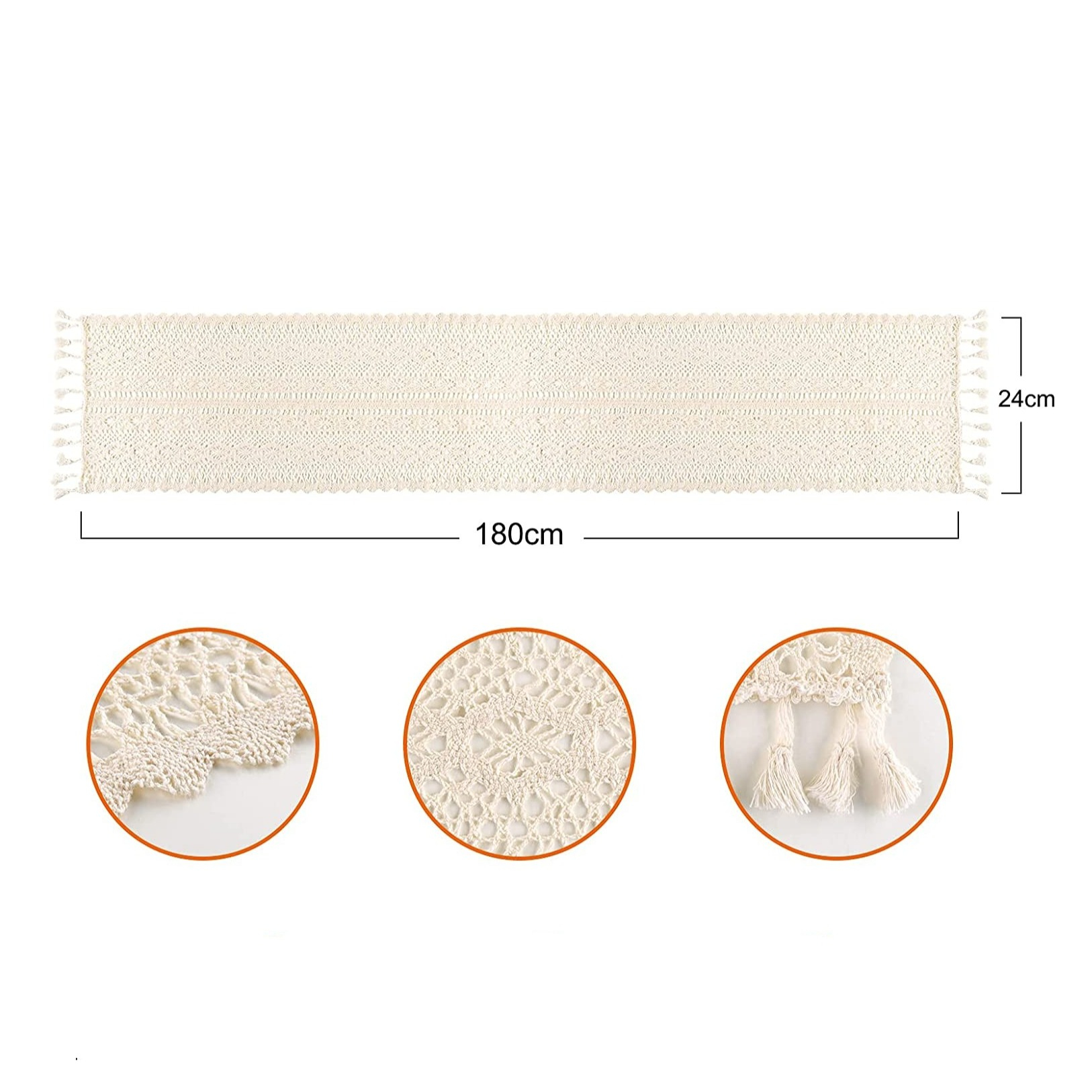 (24x180cm) Baumwolle Tischläufer Boho Tischtuch Hygge Lifestyle Vintage Home Deko - Beige