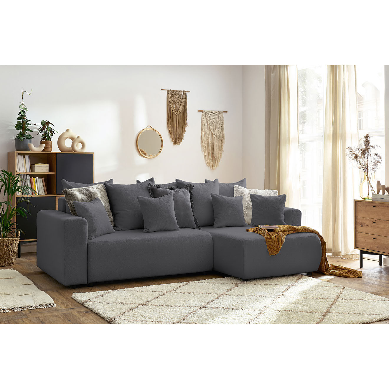 Bobochic Canapé d'angle convertible reversible bouclette Envy gris foncé - 282x153x95 cm