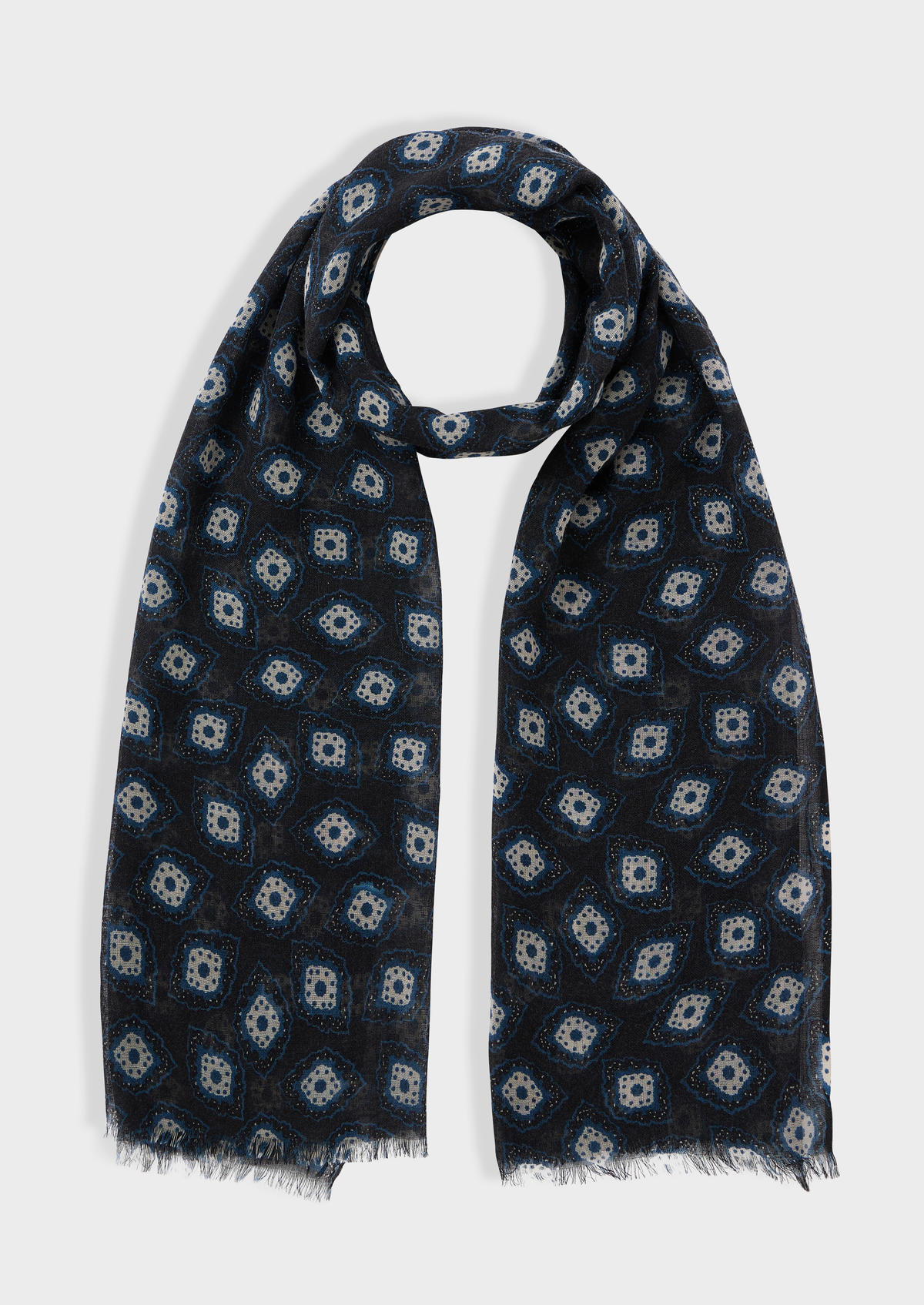 Echarpe en laine noire à motif fantaisie bleu paon et blanc