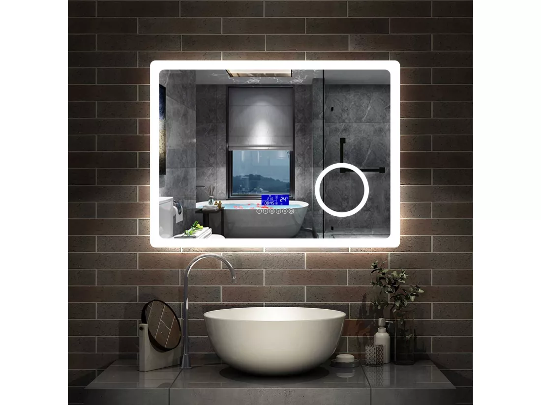 AICA Miroir salle de bain LED Bluetooth,80x60cm,grossissement 3X,horloge,dimmable 3 Couleurs avec anti-buée et mémoire