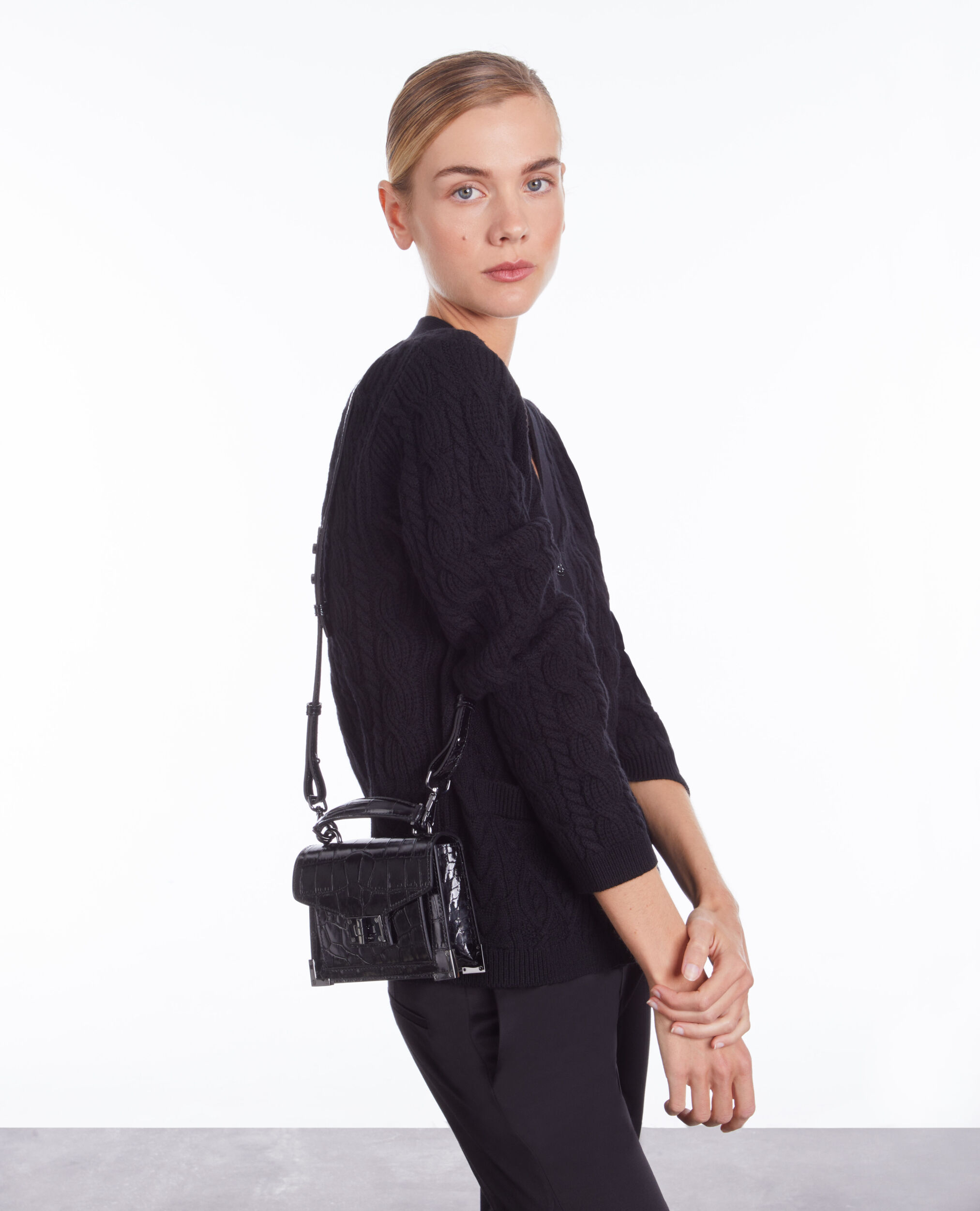 Black cable knit wool cardigan