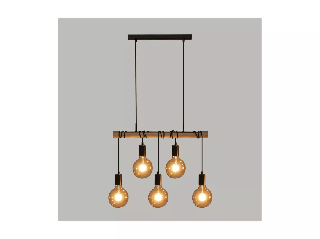 Luminaire Suspension 5 Lampes en Métal Noir et Bois de Pin L 60 cm