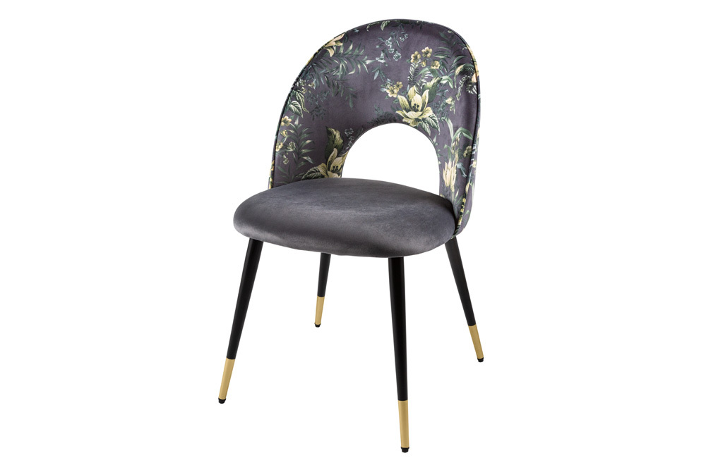 Design Stuhl PRÊT-À-PORTER grau Samt florales Muster und goldene Fußkappen
