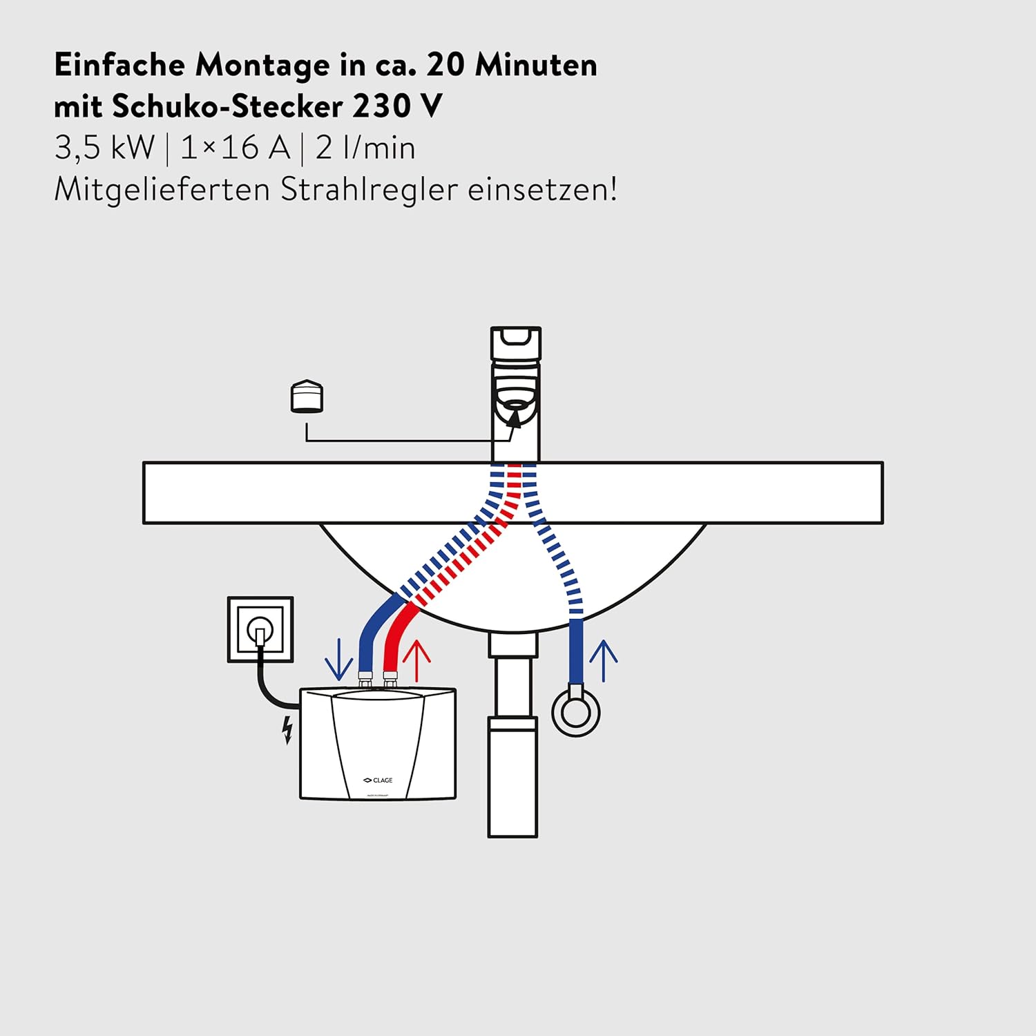 CLAGE MCX Blue elektronischer Klein-Durchlauferhitzer Set mit moderner Armatur fürs Handwaschbecken, energiesparend, 3,5 kW mit Stecker, druckfest + drucklos, VDE-GS geprüft, 1500-15133