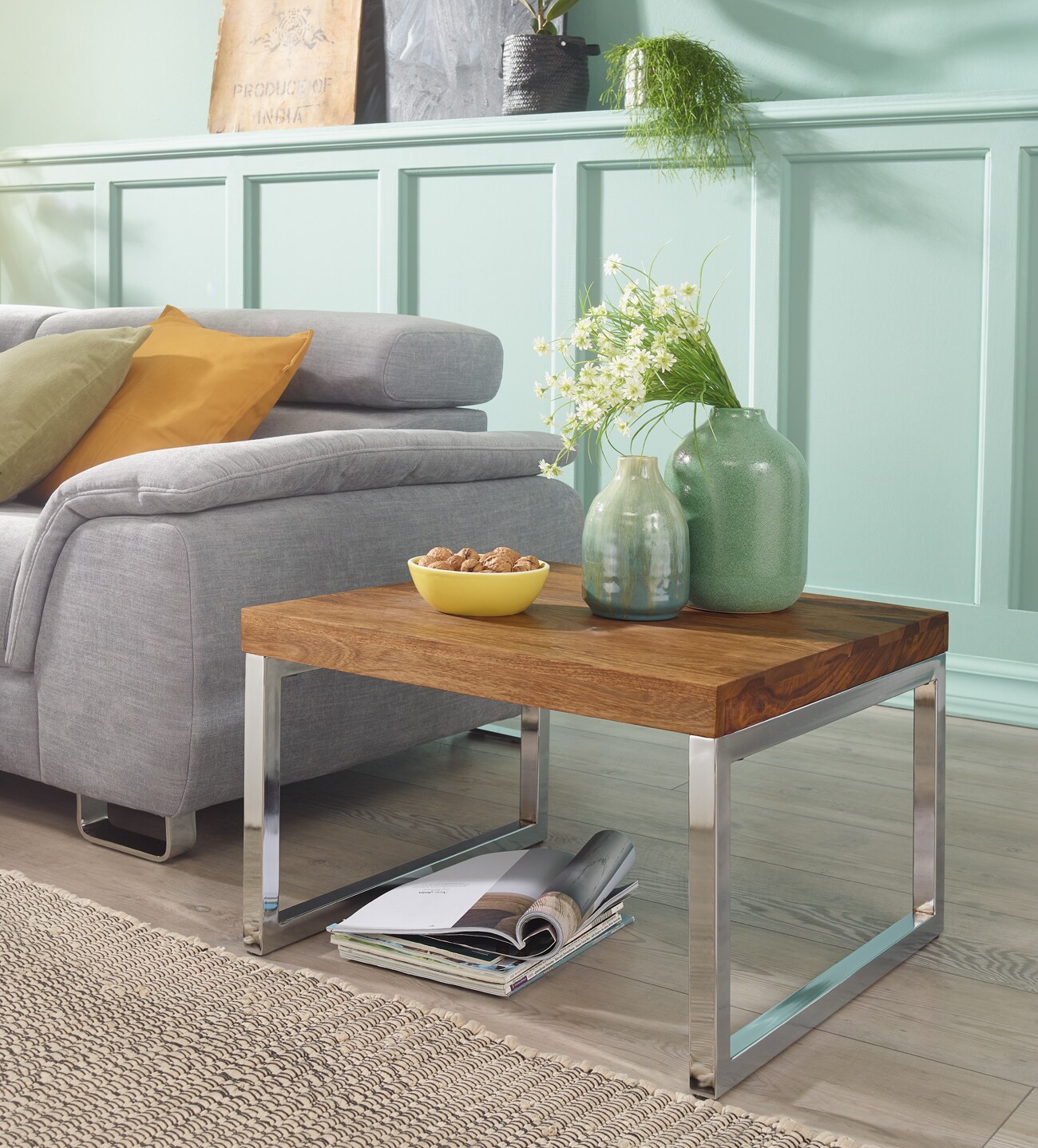 KADIMA DESIGN Quadratischer Couchtisch: Massivholz, Metallgestell, 60x40x60 cm, Sheesham-Massivholz, pflegeleicht.