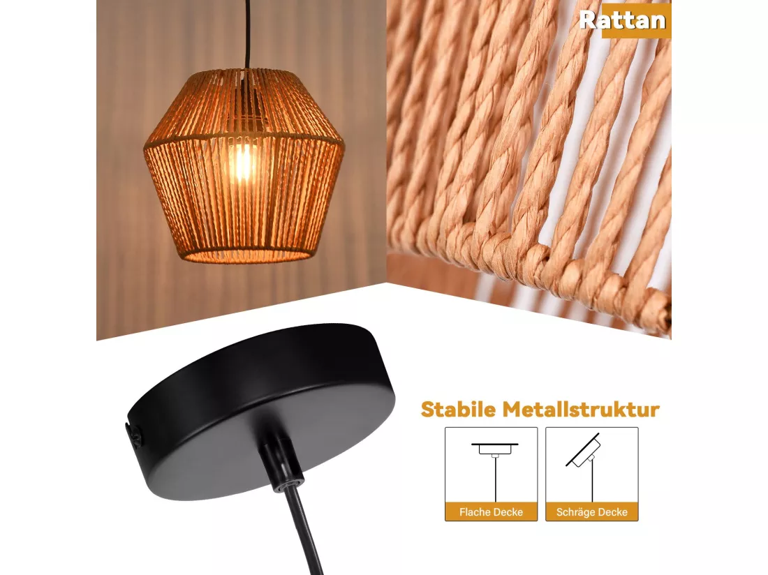 NETTLIFE Lampe à suspension vintage en rotin 150 cm E27 40W