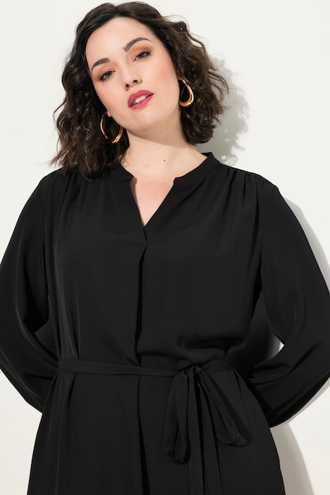 Midikleid, V-Ausschnitt, Bindegürtel, Langarm, Taschen