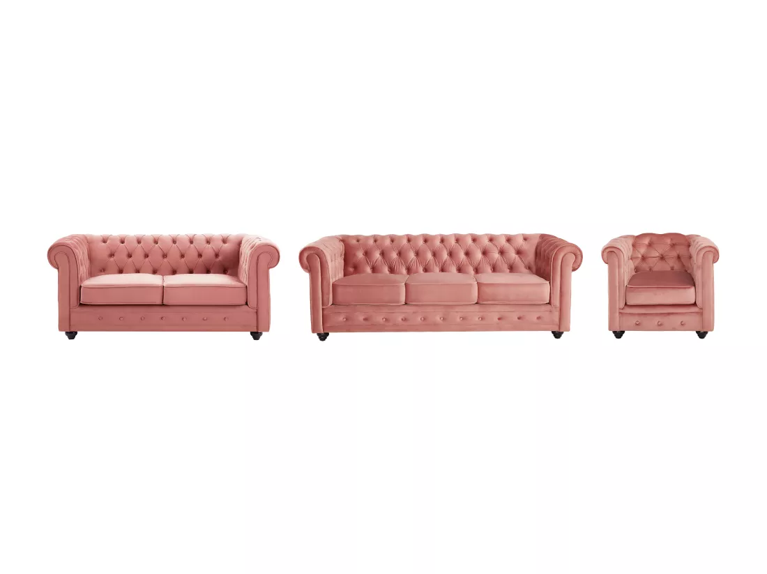 Canapés 3 places et 2 places et fauteuil en velours rose pastel CHESTERFIELD