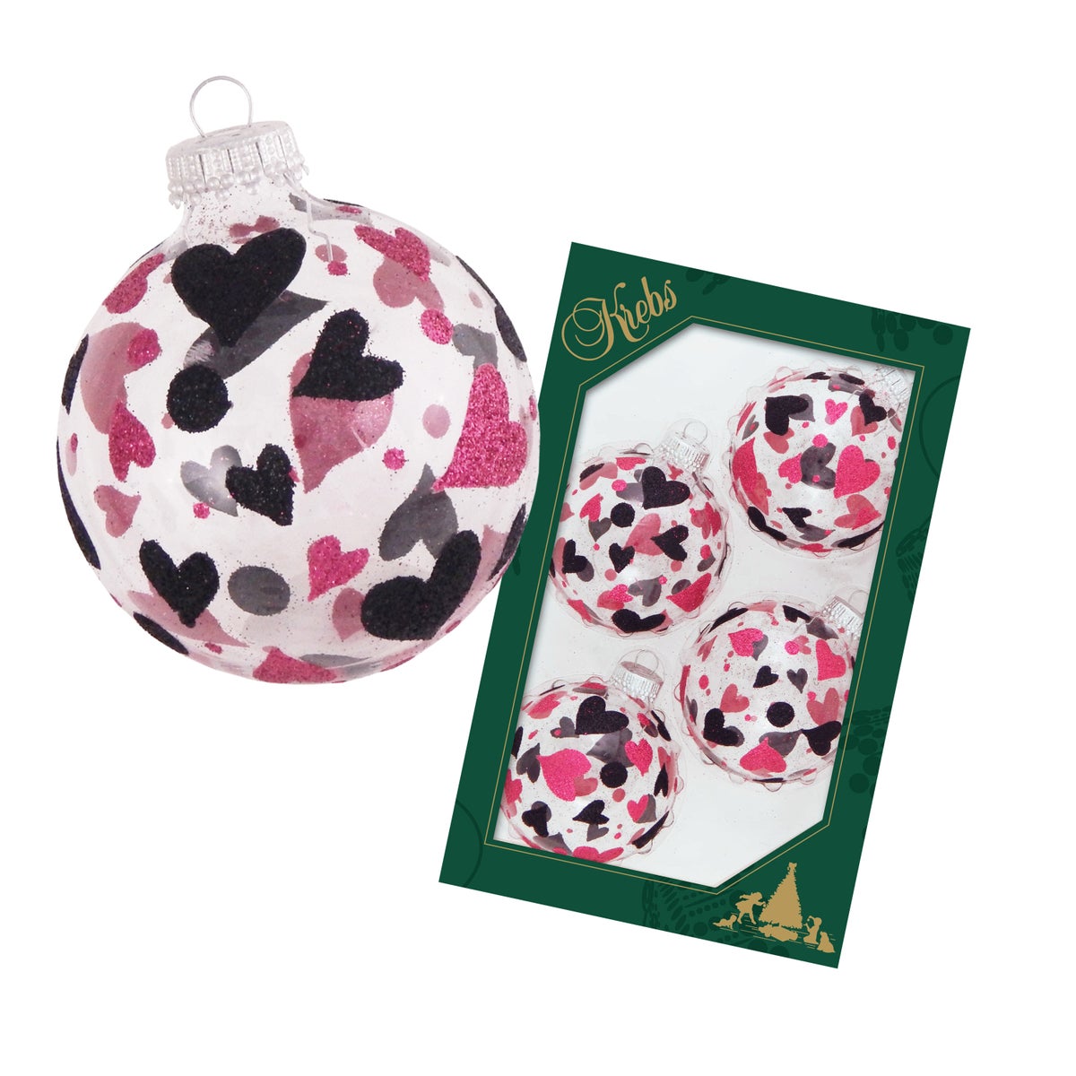 Kristallen glazen bol 7 cm versierd met veelkleurige hartjes en stippen, mondgeblazen, met de hand versierd (4), 4 stuks, Kerstboomballen, Kerstboomversieringen, Kerstboomornamenten