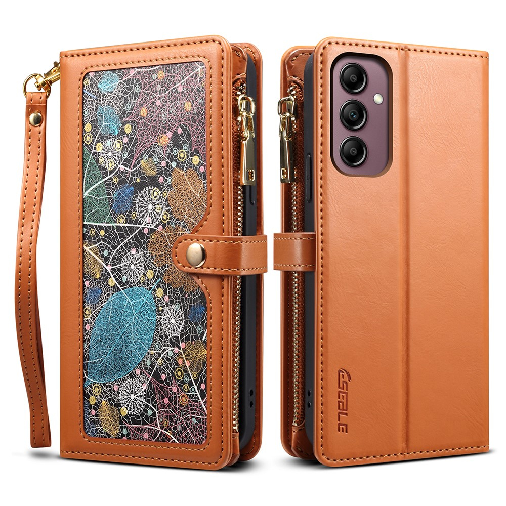 Samsung Galaxy A54 5G Necklace Leder Tasche Flip Cover mit Reissverschluss Abstrakte Kunst (RFID Schutz) - Braun