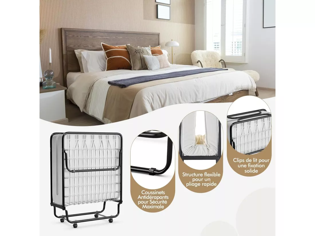 Lit Pliant 1 Personne Adulte 80 x 190 cm avec Matelas Orthopédique en Mémoire 10 cm, Charge 120 kg, Lit d’Appoint Pliable à 4 roulettes et Sommier en Métal pour invités, Blanc