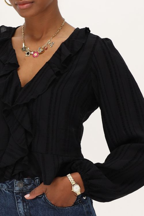 Zwarte top met ruffles & knoopjes