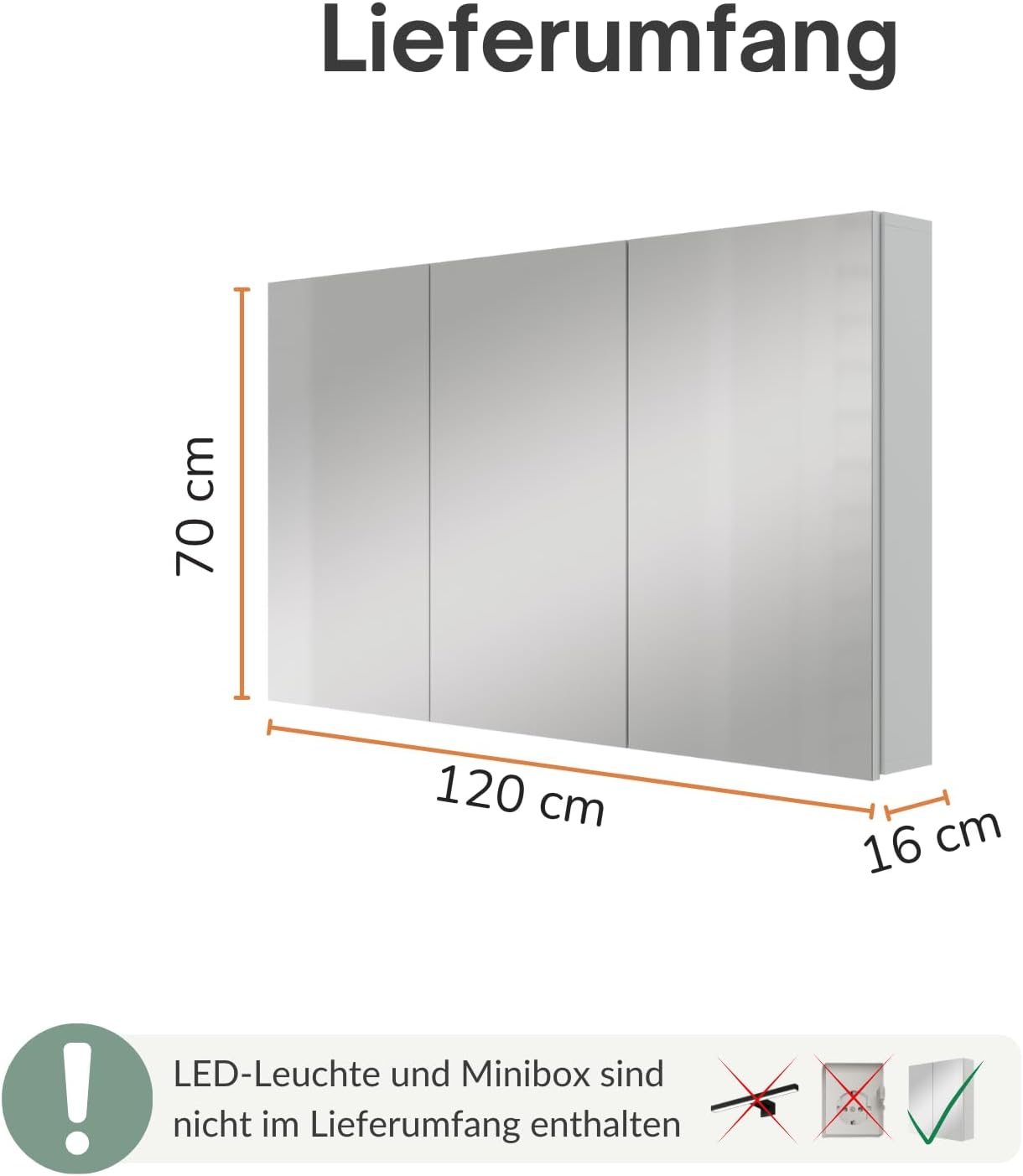 Planetmöbel ARIA Spiegelschrank Bad 120 cm breit | Badschrank hängend mit Spiegel | Weiß Grau, ohne Leuchte und Steckdose, Spiegelschrank Gäste WC 120 x 70 x 16 cm