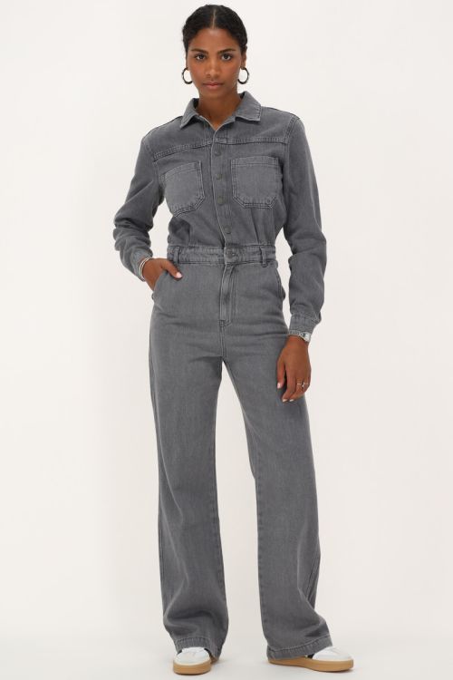 Grijze denim jumpsuit met lange mouwen