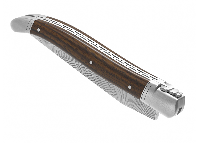 Couteau Laguiole collection damas avec un manche en bois de noyer et 2 mitres en acier inoxydable