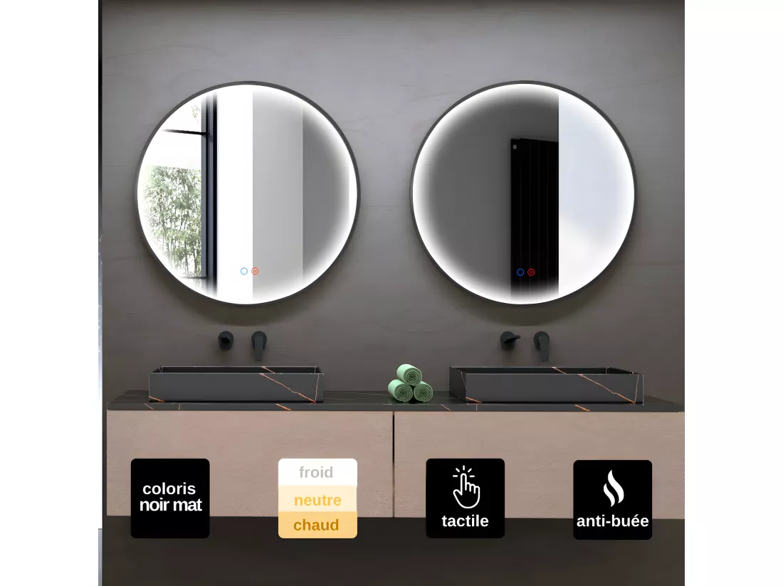 Miroir Salle de Bains Lumineux NÉPAL Anti-Buée et Éclairage Périmétral Triled Tactile On/Off Ø70 Noir Mat LEDIMEX by SANIZÉO