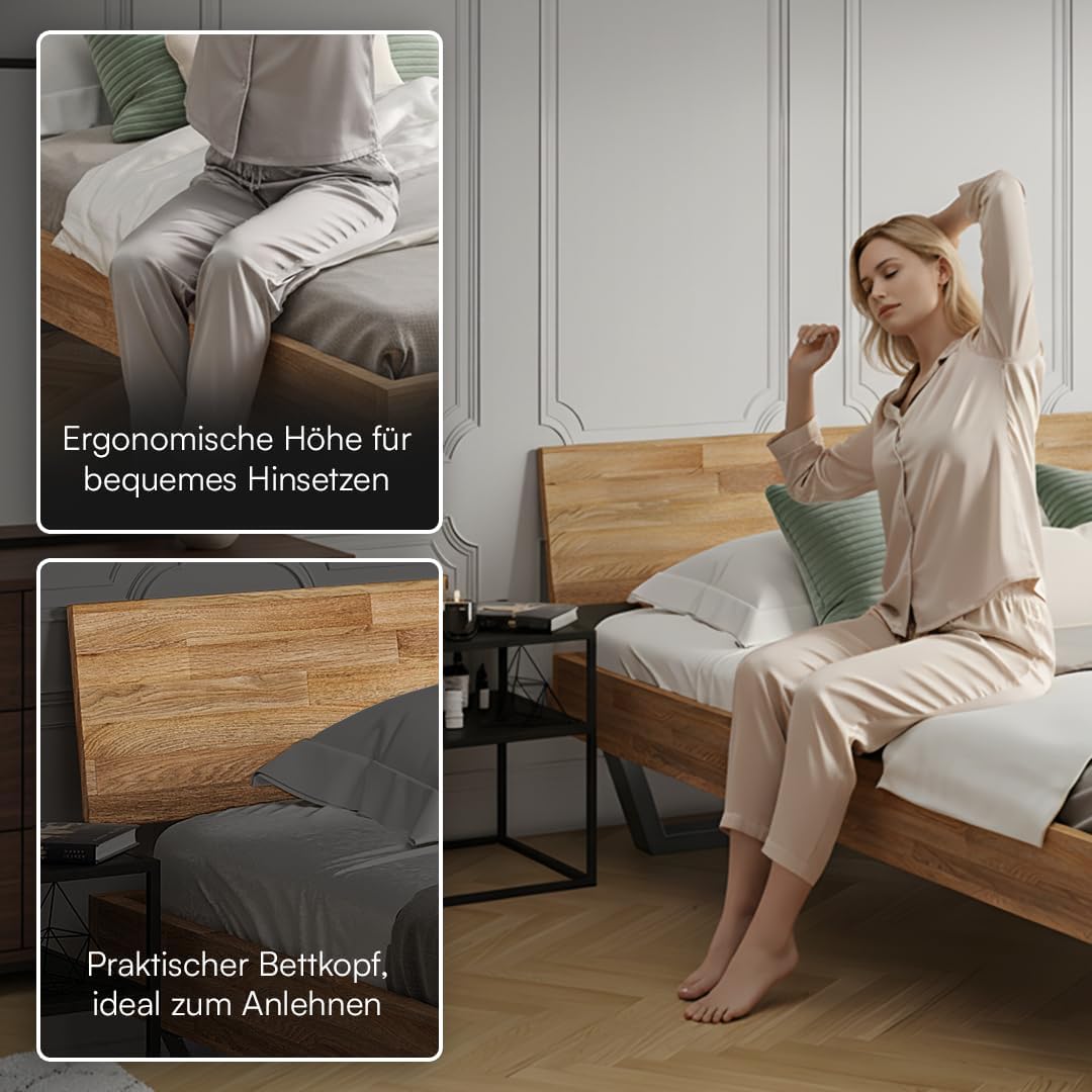 skølm Alver Massivholzbett 180x200 cm – Bettgestell aus Massivholz Eiche geölt – Holzbett mit schwarzen Metallkufen – hochwertiges Bett mit 1 Strebe als Bettkopf – Bettrahmen geeignet als Doppelbett