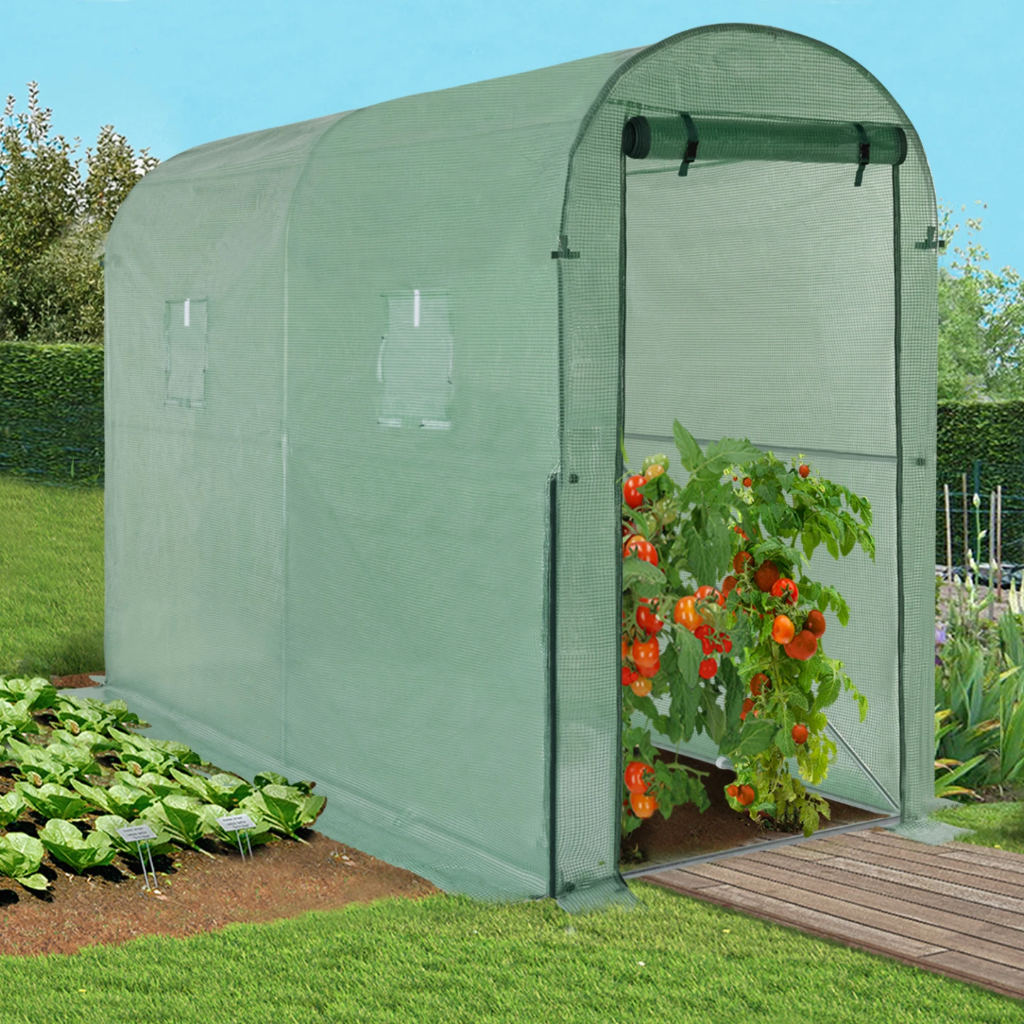 Serre à tomates relevable 3m² verte 2 fenêtres avec moustiquaire et porte zippée