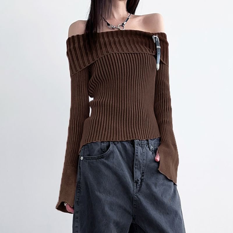 Honet - Off-shoulder geribbelde, slim-fit gebreide top met klokmouwen