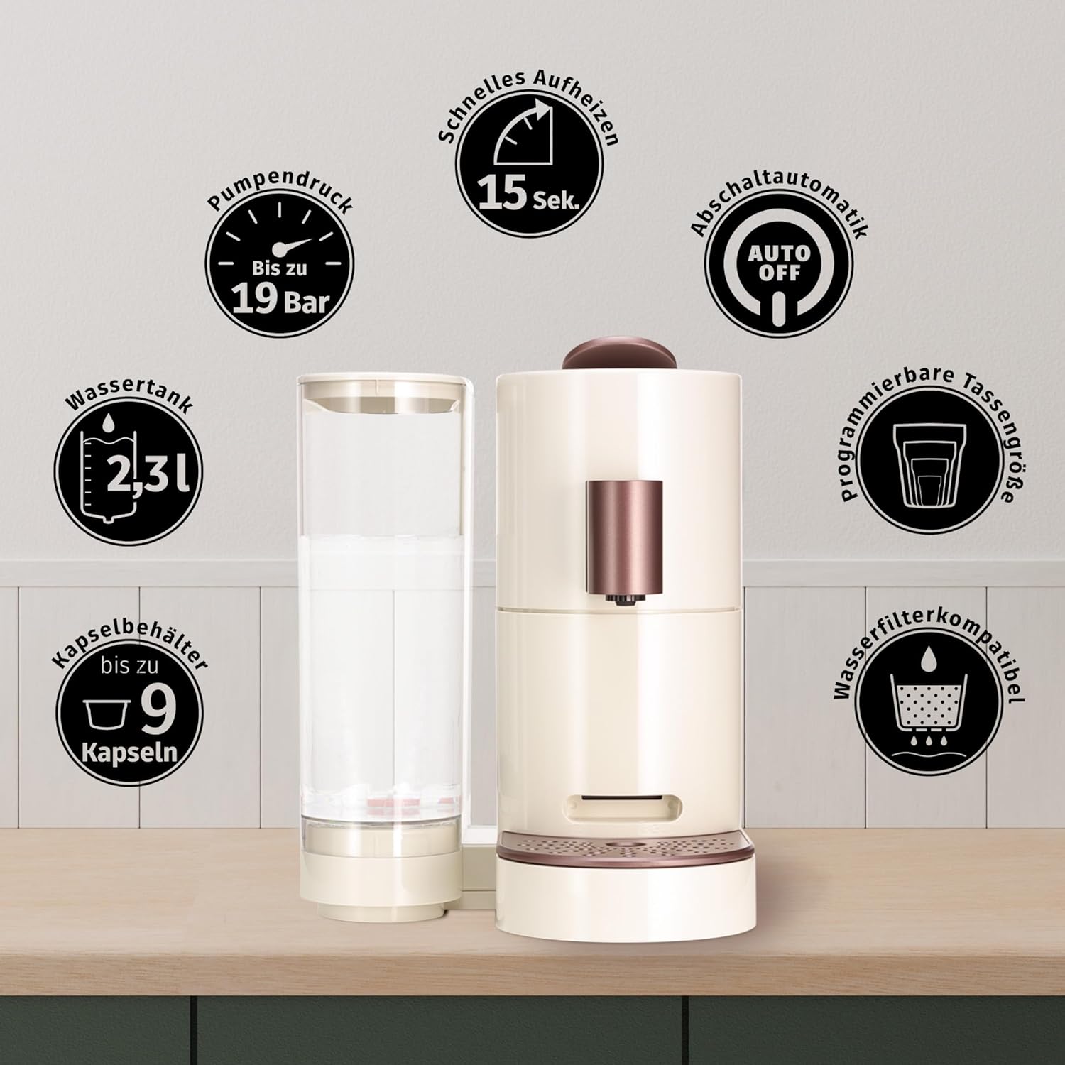 K-FEE TWINS II Kapselmaschine | kompatibel ALDI EXPRESSI* Kapseln | Kaffeemaschinen für Kaffee, Tee & Kakao | 2,3L Wassertank | Beige-Bronze