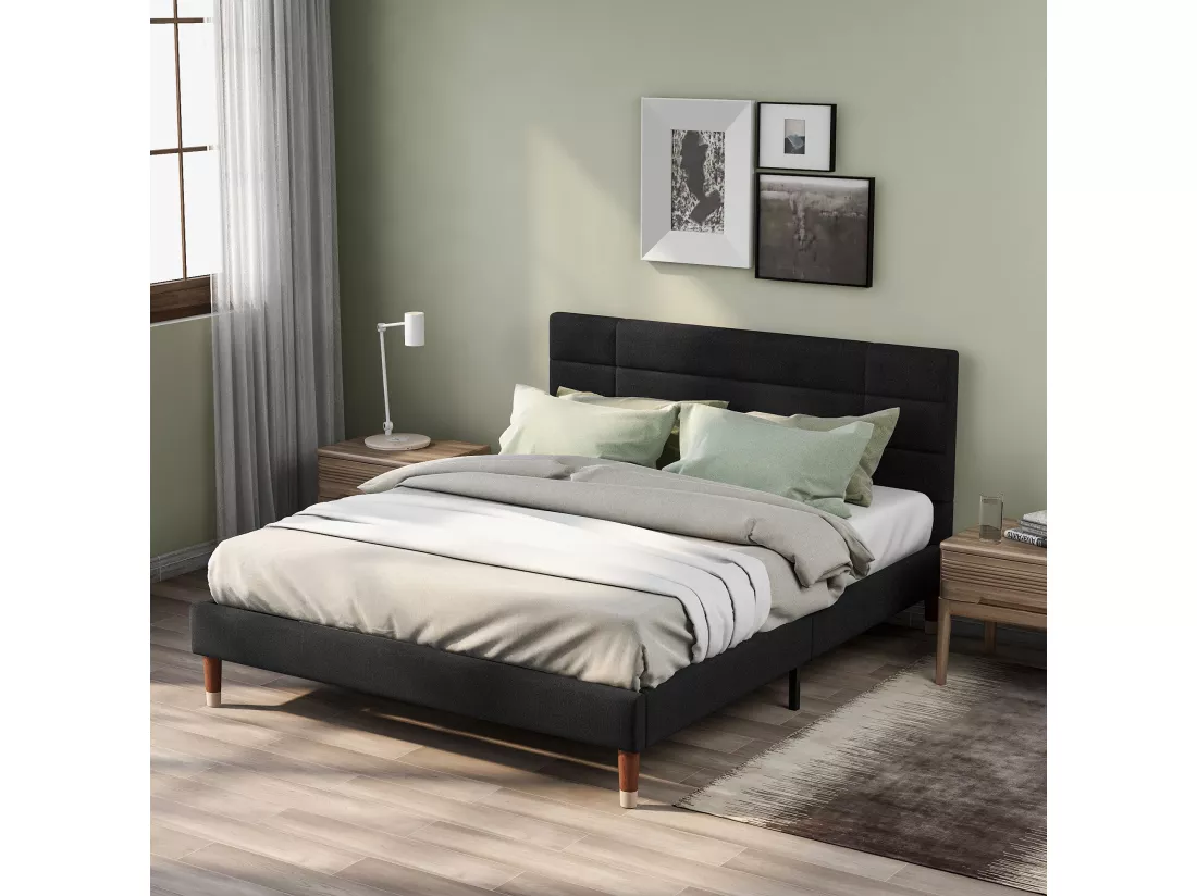 Lit Capitonné Double - 140 X 200 cm - Avec Sommier À Lattes - Tête De Lit - Velours - Noir