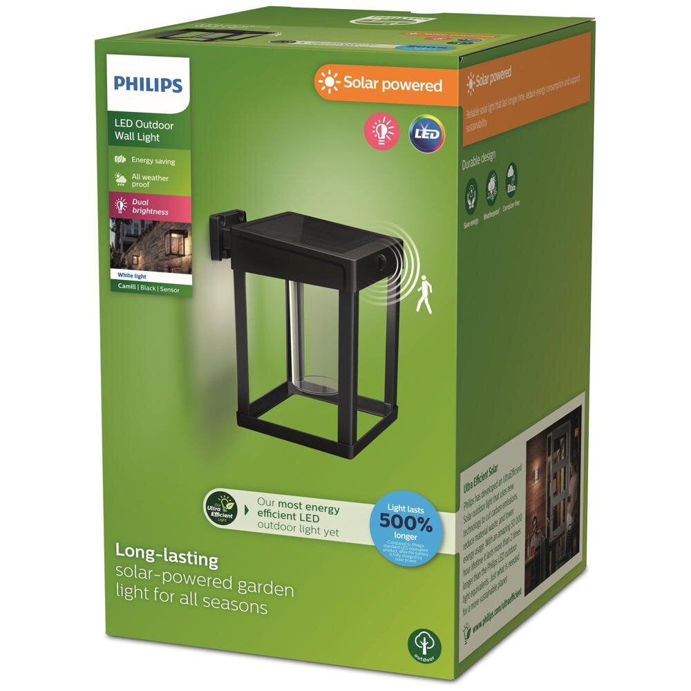 Camill LED-wandlamp op zonne-energie in zwart en transparant, 1,4 W, 250 lm, IP44, met bewegingsmelder en schemersensor, vierkant