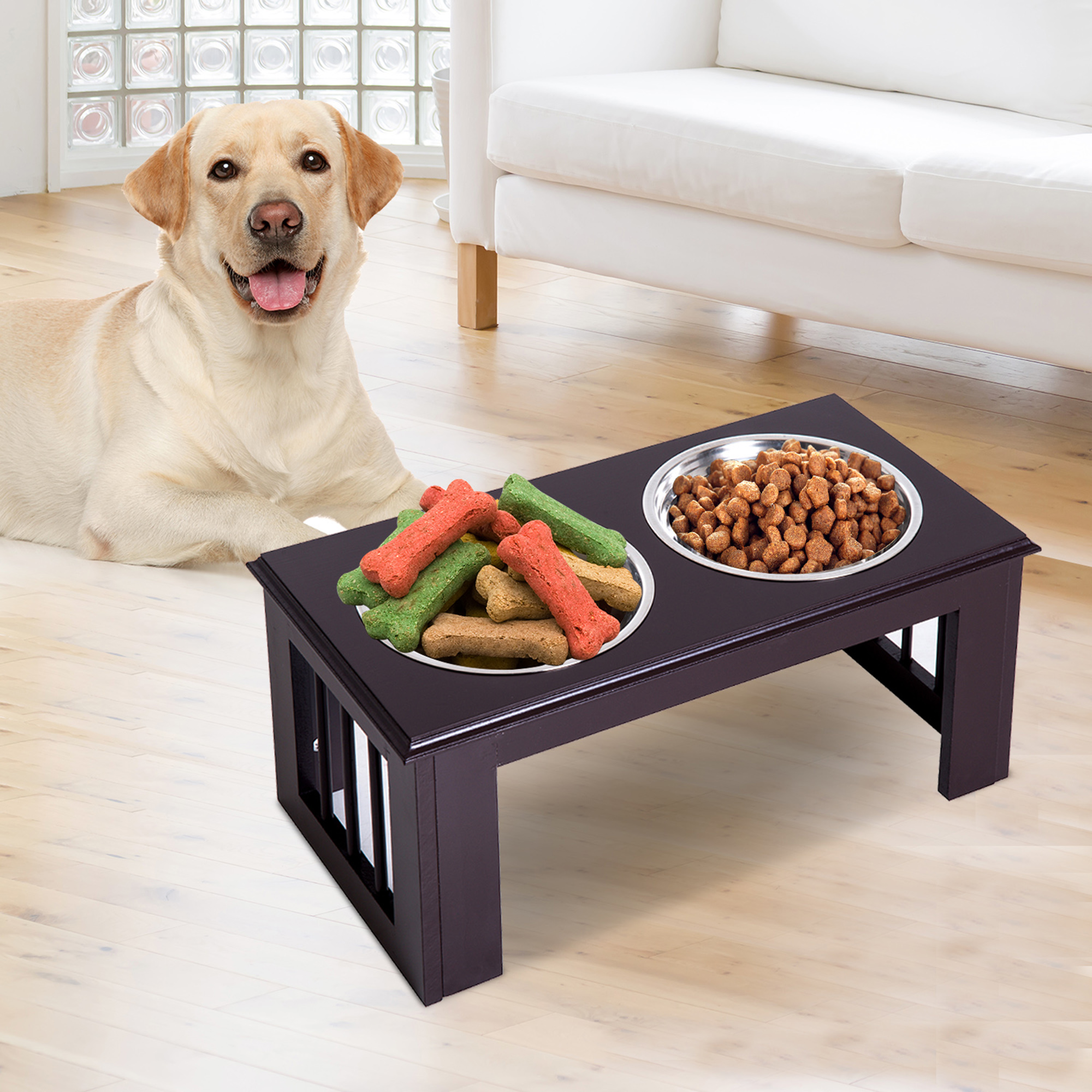 Comedouro duplo elevado para cães Pawhut, marrom
