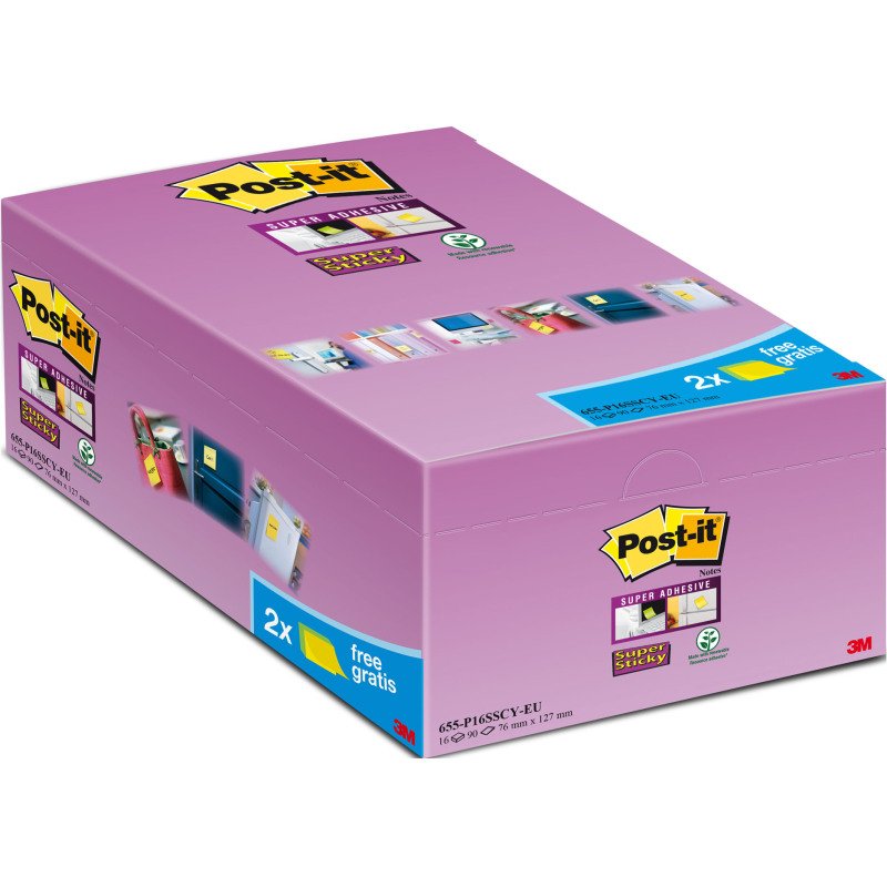Pack 14 notes repositionnables jaune Super Sticky Post-it 76 x 127 mm - bloc de 90 feuilles + 2 offertes