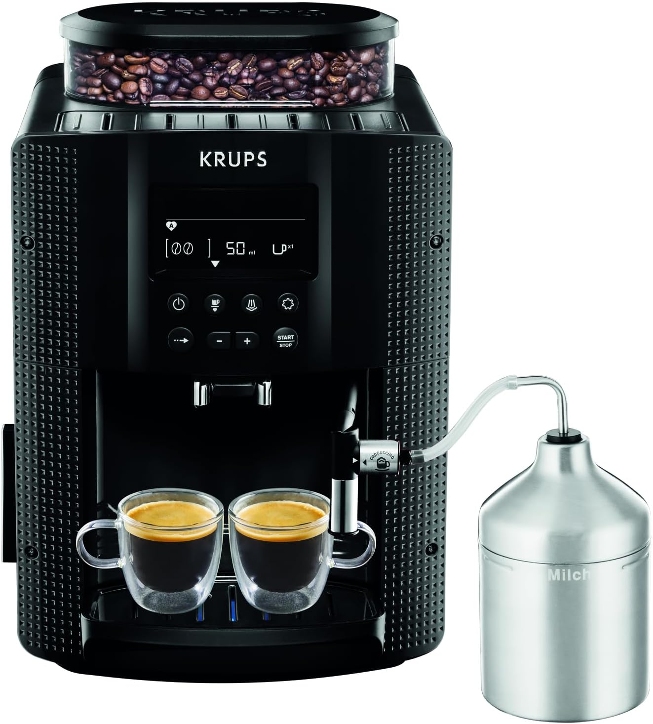 Krups Machine à café grain, 2 expressos simultanés, Ecran LCD, Cafetière espresso compacte, Nettoyage automatique, Buse vapeur pour Cappuccino, Essential noire YY8135FD, Noir