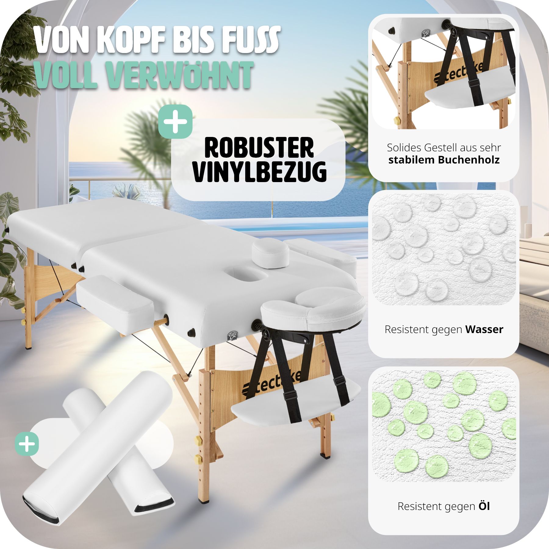 tectake® 2 Zonen Massageliege, inklusive Lagerungsrollen und Tragetasche, klappbar und höhenverstellbar, 220 x 83 x 65,5 - 87,5 cm